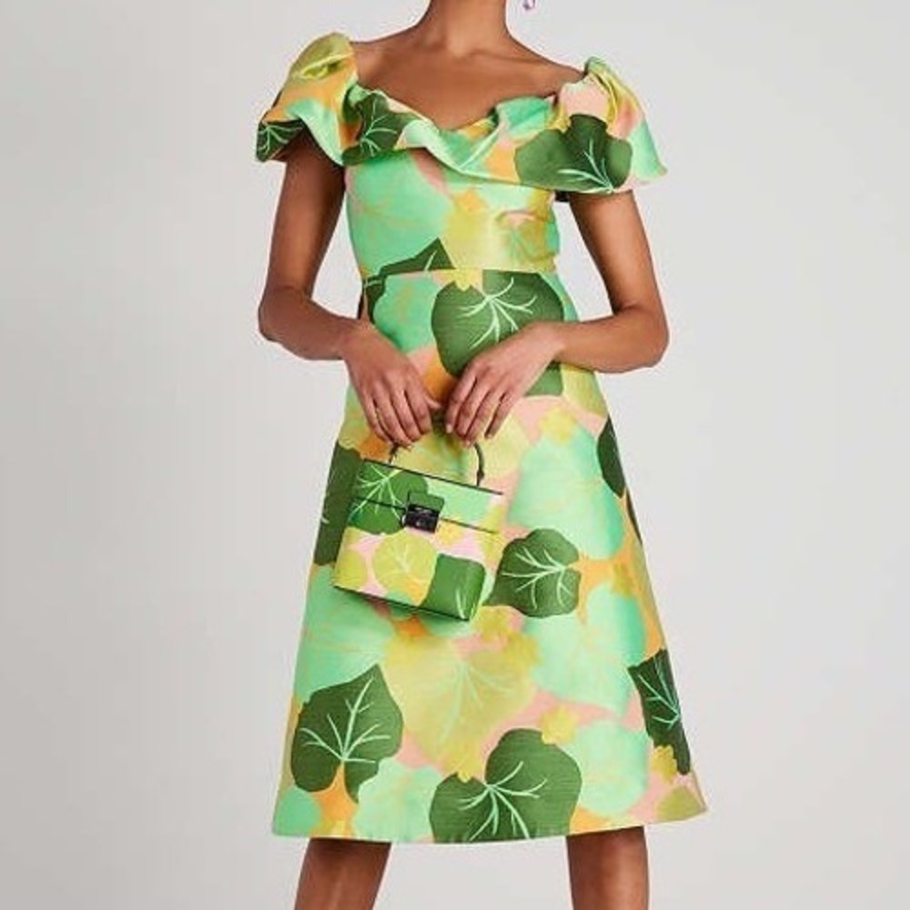 Kate Spade New York Cucumber Floral Flounce Dress L38810 Green Jacquard Size 8